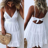 Women Summer Sexy Bow Backless V-neck Mini Beach Dress Sleeveless