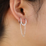 double mini Huggie hoop with tassel chain earring for 2 piercing women