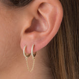 double mini Huggie hoop with tassel chain earring for 2 piercing women
