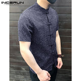 INCERUN Men Shirt Button Stand Collar Short Sleeve Casual Shirts