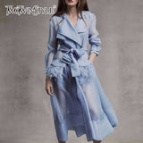 Voile Lace up Windbreaker Dress Women Long Sleeve Feather Pocket