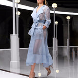 Voile Lace up Windbreaker Dress Women Long Sleeve Feather Pocket