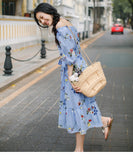 INMAN Summer Elegant Slash Collar Half Sleeve Mid Calf Floral Dress