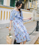 INMAN Summer Elegant Slash Collar Half Sleeve Mid Calf Floral Dress