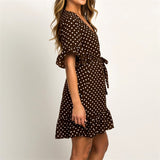 Boho Style Beach Dress Short Sleeve V-neck Polka Dot A-line Sundress