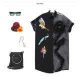 Summer Black Midi Mesh & Chiffon Ruffle Bird Embroidery Ladies Dress