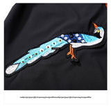Summer Black Midi Mesh & Chiffon Ruffle Bird Embroidery Ladies Dress