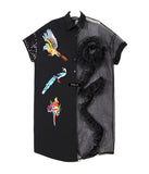 Summer Black Midi Mesh & Chiffon Ruffle Bird Embroidery Ladies Dress