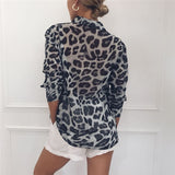 Vintage Blouse Long Sleeve Sexy Leopard Print Blouse Turn Down Collar