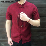 INCERUN Men Shirt Button Stand Collar Short Sleeve Casual Shirts