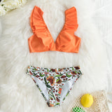 CUPSHE Orange Ruffle Bikini Sets Floral Sexy Swimsuit Two Pieces