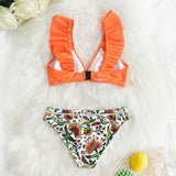 CUPSHE Orange Ruffle Bikini Sets Floral Sexy Swimsuit Two Pieces