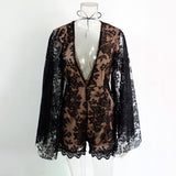 Summer Sexy Lace Rompers Women Deep V Neck Long Sleeve Bodysuit