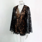 Summer Sexy Lace Rompers Women Deep V Neck Long Sleeve Bodysuit