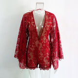 Summer Sexy Lace Rompers Women Deep V Neck Long Sleeve Bodysuit