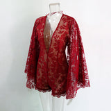 Summer Sexy Lace Rompers Women Deep V Neck Long Sleeve Bodysuit