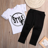 Kids Summer Short Sleeve Print T-Shirt+Hole Pant Leggings 2PCS Outfit