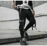 Hip Hop Joggers Men Black Harem Pants Multi-pocket Ribbons Sweatpant