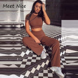 2 Two Piece Women Ribbed O Neck Crop Top and Long Pants Set Tracksuit