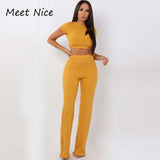 2 Two Piece Women Ribbed O Neck Crop Top and Long Pants Set Tracksuit