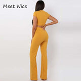 2 Two Piece Women Ribbed O Neck Crop Top and Long Pants Set Tracksuit