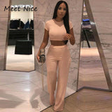2 Two Piece Women Ribbed O Neck Crop Top and Long Pants Set Tracksuit