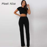 2 Two Piece Women Ribbed O Neck Crop Top and Long Pants Set Tracksuit