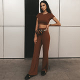 2 Two Piece Women Ribbed O Neck Crop Top and Long Pants Set Tracksuit