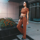 2 Two Piece Women Ribbed O Neck Crop Top and Long Pants Set Tracksuit