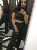 2 Two Piece Women Ribbed O Neck Crop Top and Long Pants Set Tracksuit