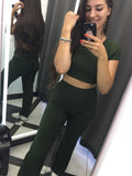 2 Two Piece Women Ribbed O Neck Crop Top and Long Pants Set Tracksuit