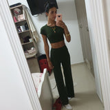 2 Two Piece Women Ribbed O Neck Crop Top and Long Pants Set Tracksuit