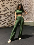 2 Two Piece Women Ribbed O Neck Crop Top and Long Pants Set Tracksuit