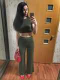 2 Two Piece Women Ribbed O Neck Crop Top and Long Pants Set Tracksuit