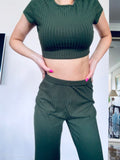 2 Two Piece Women Ribbed O Neck Crop Top and Long Pants Set Tracksuit