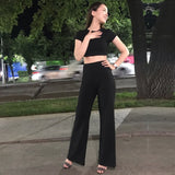 2 Two Piece Women Ribbed O Neck Crop Top and Long Pants Set Tracksuit