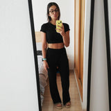 2 Two Piece Women Ribbed O Neck Crop Top and Long Pants Set Tracksuit