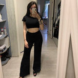 2 Two Piece Women Ribbed O Neck Crop Top and Long Pants Set Tracksuit
