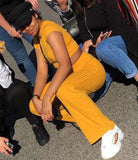 2 Two Piece Women Ribbed O Neck Crop Top and Long Pants Set Tracksuit