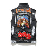 Mens Punk Denim Vests Skull Embroidery Waistcoat Slim Fit Jeans Sleeveless Jacket