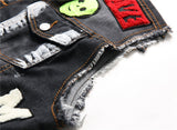 Mens Punk Denim Vests Skull Embroidery Waistcoat Slim Fit Jeans Sleeveless Jacket