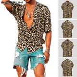 Summer Short Sleeve Leopard Print Shirt Men Lapel Neck Shirt