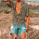 Summer Short Sleeve Leopard Print Shirt Men Lapel Neck Shirt