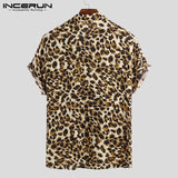 Summer Short Sleeve Leopard Print Shirt Men Lapel Neck Shirt