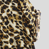 Summer Short Sleeve Leopard Print Shirt Men Lapel Neck Shirt