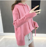 Winter Women Hooded Loose Solid Button Knitwear Pullover