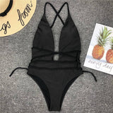 Sexy One Piece Swimsuit Women Swimwear Solid Black Thong