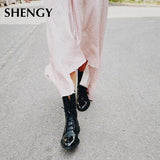 SHENGY Patent Leather British Style Flat Boots Black Pointed Toe