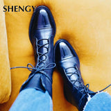 SHENGY Patent Leather British Style Flat Boots Black Pointed Toe