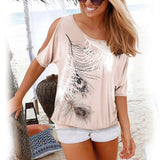 Women Short Sleeve Print Blouse Summer O-Neck Loose Sexy Off Shoulder